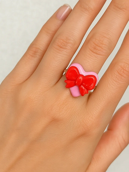 Кольцо ручной работы Радость Рядом Сердце с бантиком, полимерная глина, незамкнутое, фото 3.