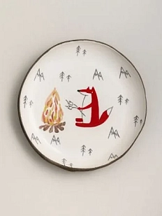 Тарелка ручной работы Ким керамика с бортиком Лис у костра, белая, 13 см