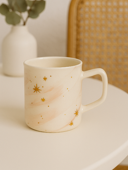 Кружка ручной работы с золотыми звёздочками, бело-розовая с разводами, фарфор, 450 мл, фото 3.