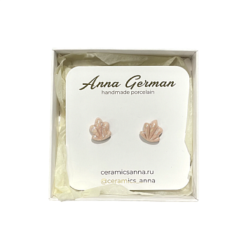 Серёжки-гвоздики «Ракушки розовые», фарфор, розово-перламутровые, фото 2.