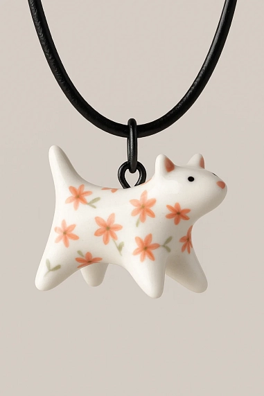 Подвеска ручной работы Боттери керамика «‎Котик»‎ роспись в красный цветочек, керамика, фото 6.