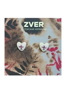 Серьги-гвоздики Звер ручной работы «Сердечко с бордовым цветком», белый, керамика