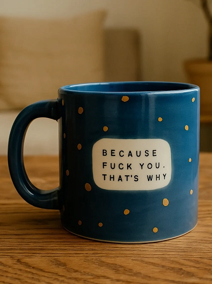 Кружка ручной работы Тата вытворяет/NF ceramics «Because f*ck you that's why», синяя, керамика, 440 мл, фото 2.