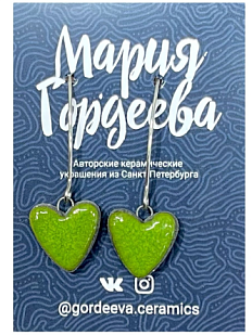 Серьги Сердечки, керамика, зелёные
