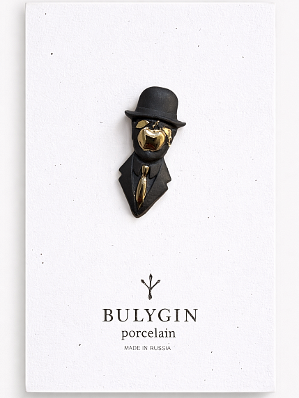Брошь ручной работы Bulygin «Магритт», фарфор, чёрно-серебристая, фото 1.
