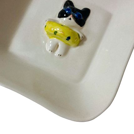 Тарелка квадратная с фигуркой внутри Котик-пончик, зелёный, керамика, 14 см, фото 2.