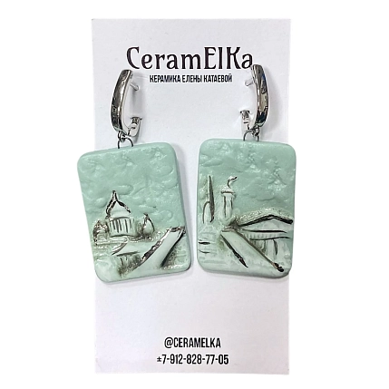 Серьги КерамЕлКа «Питер», фарфор, мятные, фото 1.