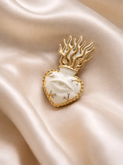 Брошь ручной работы Фарфор Булыгина «Огненное сердце», бело-золотистая, фото 2.