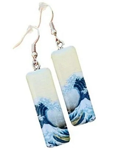 Серьги с картиной «Большая волна в Канагаве», дерево с эпоксидной смолой