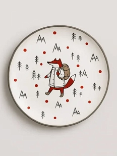 Тарелка ручной работы Ким керамика с бортиком Лис в горах, белая, 17 см