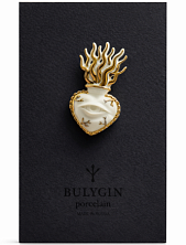 Брошь ручной работы Фарфор Булыгина «Огненное сердце», бело-золотистая
