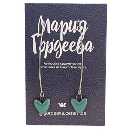 Серьги на длинной петле Сердечки, керамика, бирюзовые, фото 1.