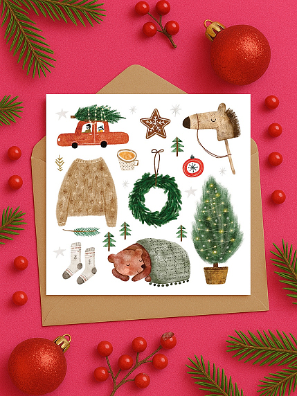Открытка на Новый год «Новогодние зарисовки», квадратная, фото 1.