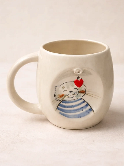 Кружка ручной работы НАДО ЖЕ с подвеской сердечком и росписью «Кот в тильняшке», белая, керамика, 300 мл, фото 2.