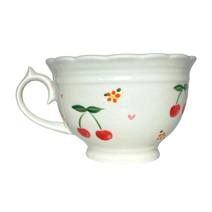 Чашка для чая ручной работы Slowday Ceramics с вишенками «Винтаж», полуфарфор, 250 мл, фото 1.