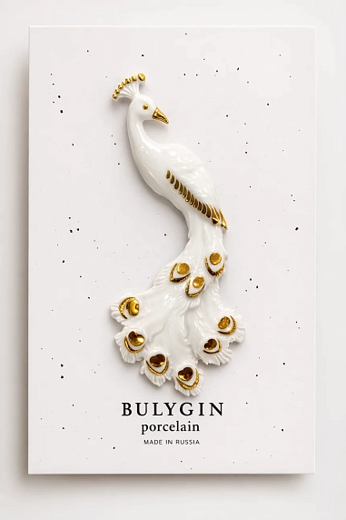 Брошь ручной работы Фарфор Булыгина «Павлин», бело-золотистая, фото 1.