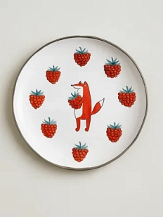 Тарелка ручной работы Ким керамика с бортиком Лис с малиной, белая, 17 см