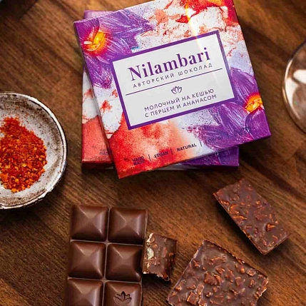 Шоколад Nilambari молочный на кешью с перцем и ананасом, 65 г, фото 2.
