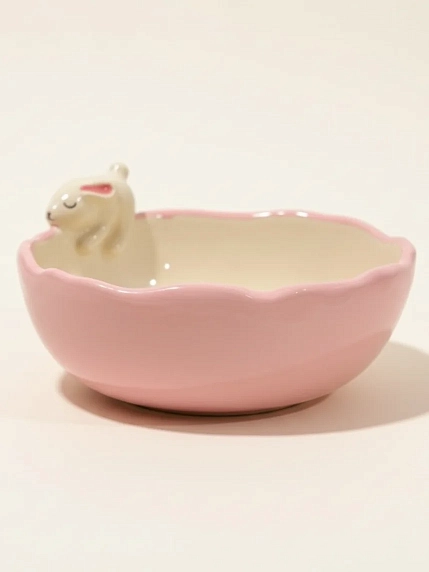 Глубокая тарелка ручной работы «Кролик», розовая, керамика, 15 см, фото 3.