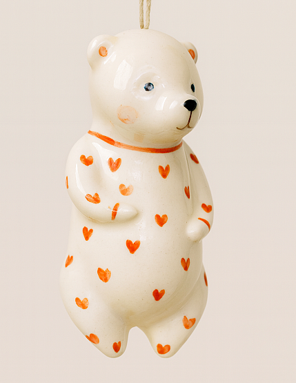 Ёлочная игрушка из фарфора «Медведь», в пижаме с сердечками 12 см, фото 2.