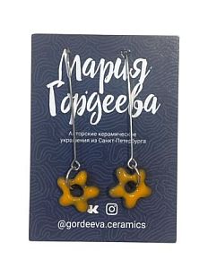 Серьги на длинной петле Цветочки, керамика, оранжевые
