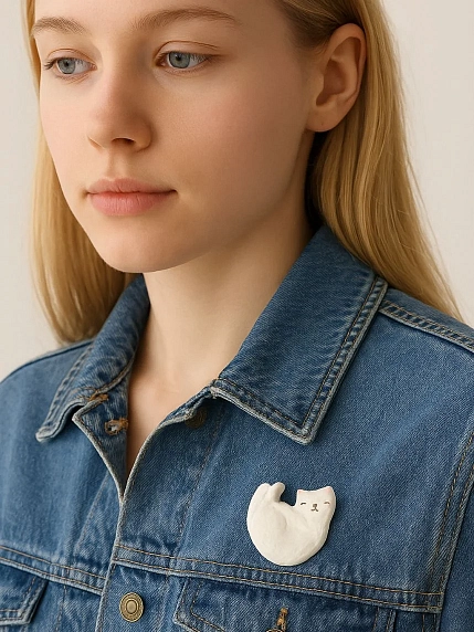 Брошь Радость Рядом «Котик», полимерная глина, белая, фото 3.