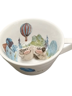 Чашка для чая ручной работы Мадам де Тюль с фигуркой внутри Коты на прогулке, фарфор, 250 мл