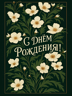 Открытка с бежевыми цветами «С Днём рождения!», зеленая