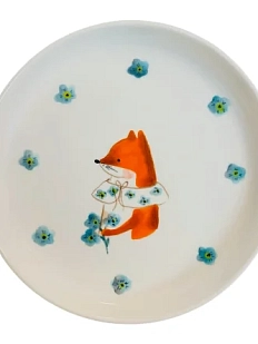 Тарелка ручной работы Ким керамика с бортиком Лисёнок с васильками, белая, фарфор, 13 см
