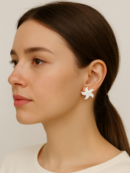 Сережки-гвоздики «Морские звёздочки», белые, фарфор, фото 2.