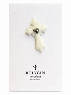 Брошь ручной работы Фарфор Булыгина «Крест», бело-серебристая