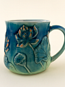 Кружка ручной работы с позолотой «Лотос и карп», синяя, фарфор, 430 мл, превью фото 2