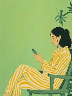 Постер интерьерный DARI DARI «Девушка в зеленом кресле с телефоном», А4