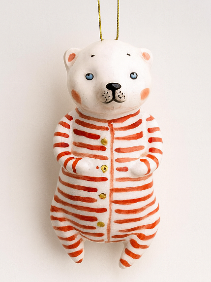 Ёлочная игрушка из фарфора «Медведь в полосатой пижаме», 12 см, фото 1.
