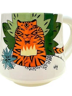 Кружка ручной работы Звер «Спокойный тигр», деколь, бежевая, керамика, 350 мл