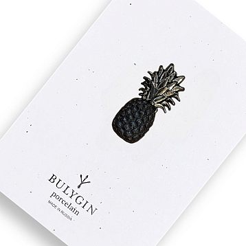 Брошь ручной работы Фарфор Булыгина «Ананас», чёрно-серебристая, фото 4.