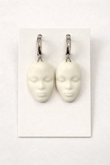 Серьги КерамЕлКа «Лица овальные», фарфор, белые матовые, фото 2.