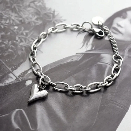 Браслет-цепочка ручной работы РисМакс с сердцем, нержавеющая сталь, фото 2.