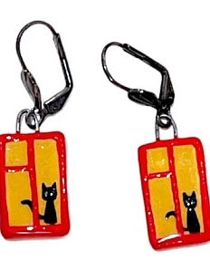 Серьги-конго Боттери керамика «Чёрный кот за окном», керамика, красные