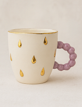 Кружка ручной работы из фарфора, белая с золотыми каплями и фиолетовой ручкой, объём 300 мл