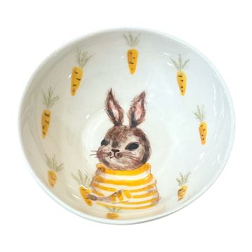 Пиала ручной работы с росписью внутри Зайка с морковкой, белая, фарфор, 10 см, фото 1.