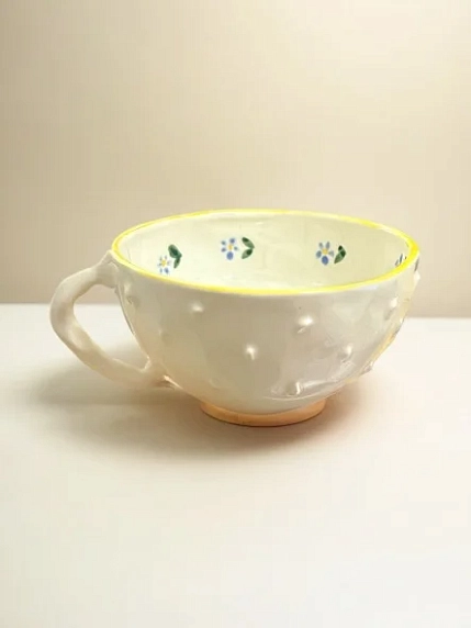 Кружка Быкова керамика с шипами и синими цветами, бело-жёлтая, керамика, 200 мл, фото 1.