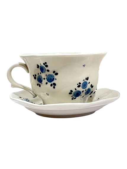 Чайная пара ручной работы Slowday Ceramics «Синие розочки», полуфарфор, 200 мл, фото 1.