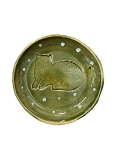 Тарелка круглая ручной работы «Котик», зелёная, керамика, 12 см