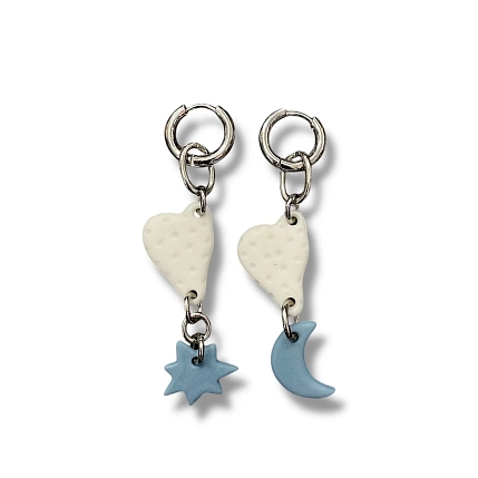 Асимметричные серьги-конго ручной работы с подвесками «Звезда и Луна», фарфор, фото 1.