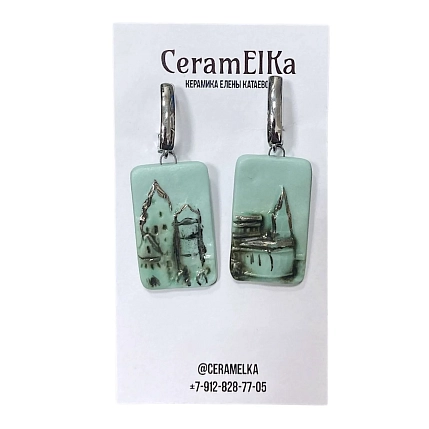 Серьги КерамЕлКа «Старый город», фарфор, мятные, фото 1.