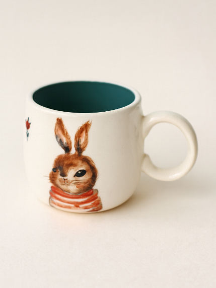 Кружка ручной работы с росписью Зайка в красной тельняшке с цветочками, фарфор, 350 мл, фото 2.