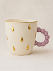 Кружка ручной работы из фарфора, белая с золотыми каплями и фиолетовой ручкой, объём 300 мл, превью фото 1
