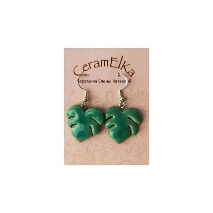 Серьги КерамЕлКа «Монстера», керамика, зелёные, фото 3.