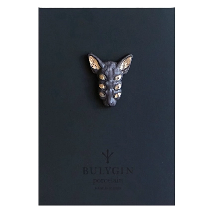 Брошь ручной работы Фарфор Булыгина «Кошка 6 глаз», чёрно-серебристая, фото 4.